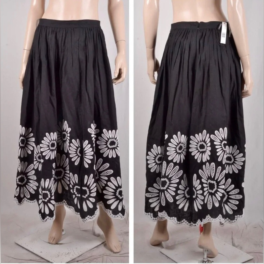 New Elie Tahari Embroidered Hem Linen Maxi Full Skirt sz 4